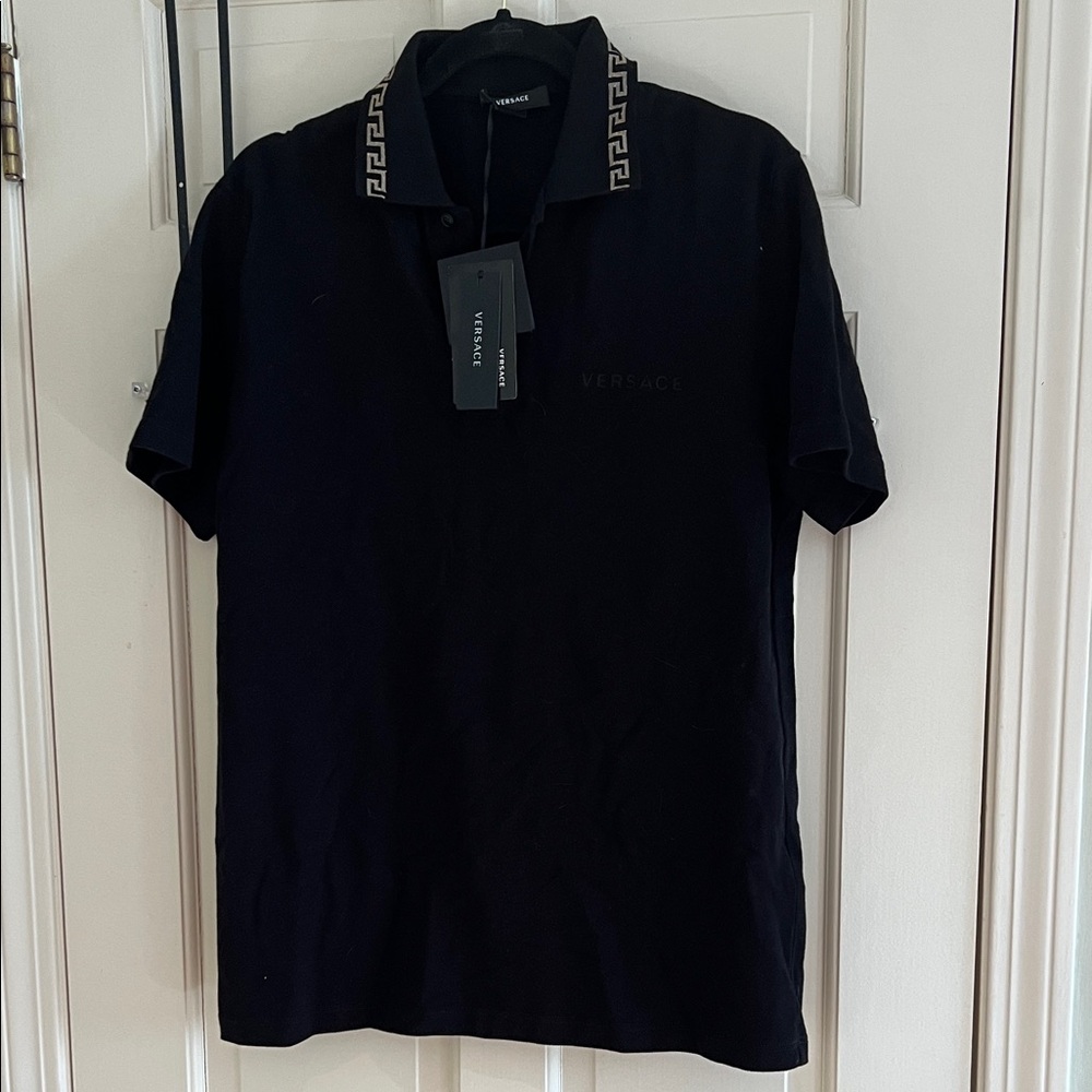 Versace Black Polo with Contrasting Gold Greek Key Collar